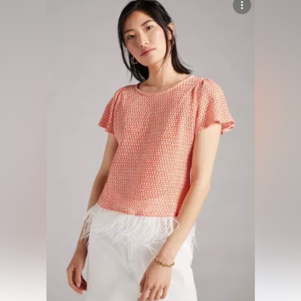 ANTHROPOLOGIE EVA FRANCO Feather Blouse Orange& White NWT ShortSleeves SZ L Rare
